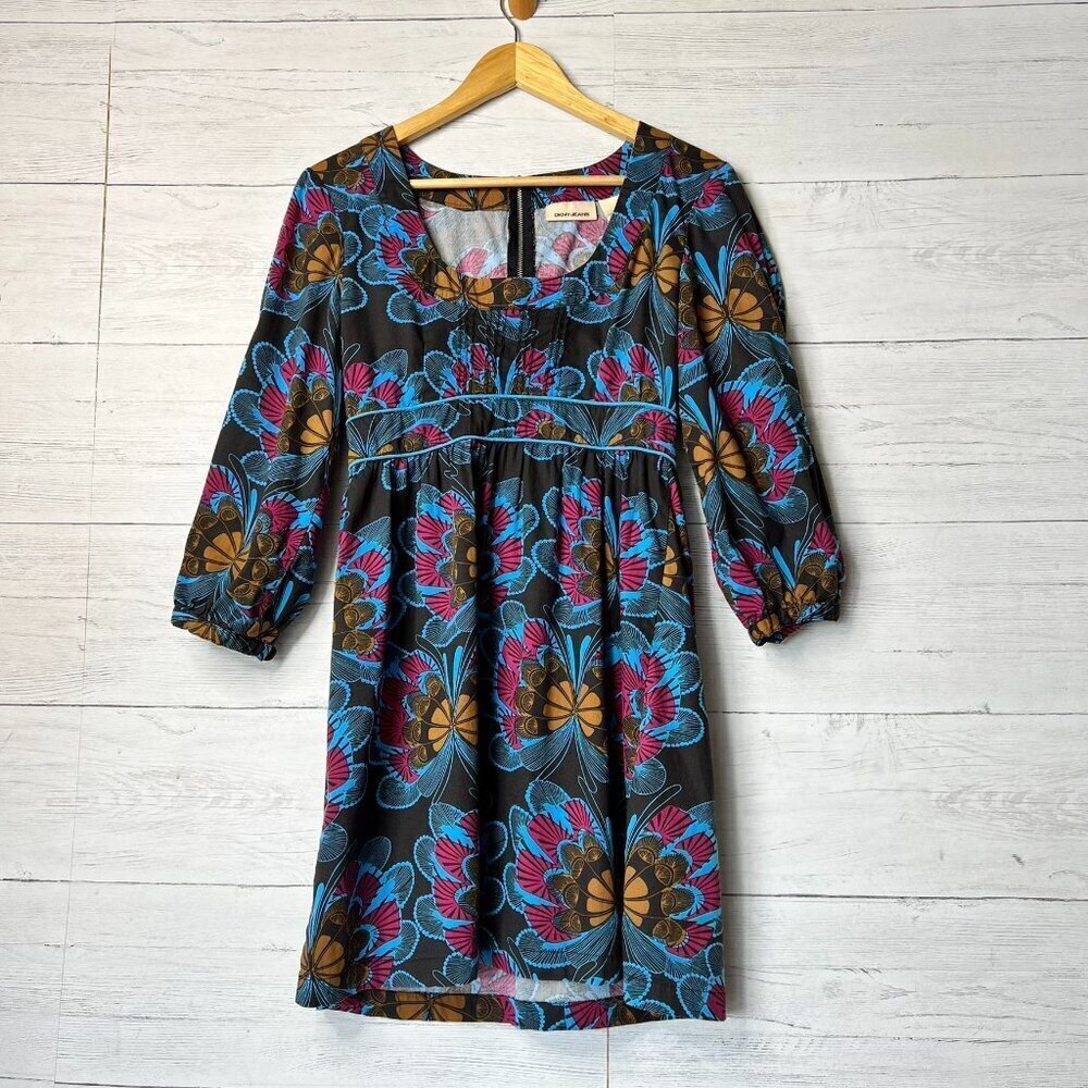 DKNY Jeans Dress Womens Size Medium Colorful Floral Pleated Cotton Blend